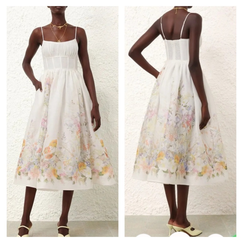 White and Orange Sleeveless Spaghetti Strap Midi Sundress